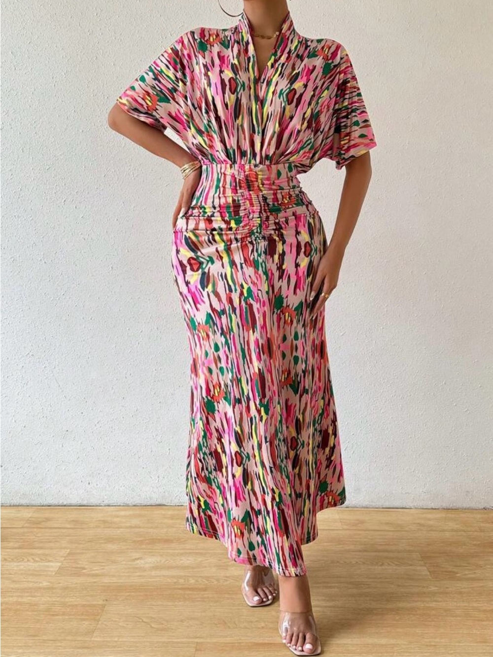 SHEIN Pink Multi-Color Abstract Shirred Waist Maxi Dress